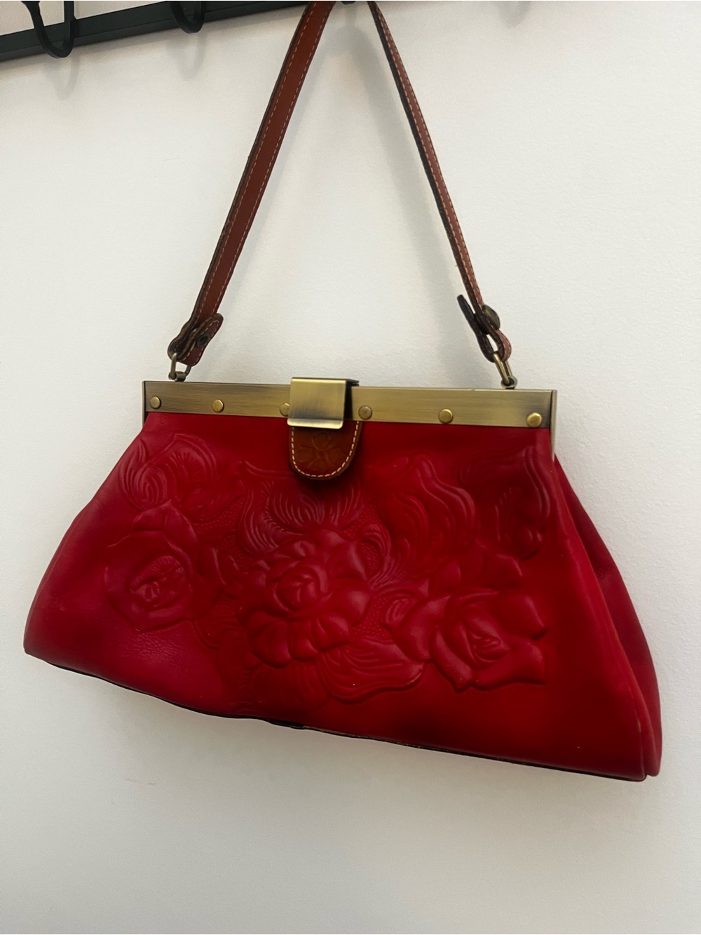 Red Patricia Nash Ferrara frame satchel Italian Leather Embossed Roses